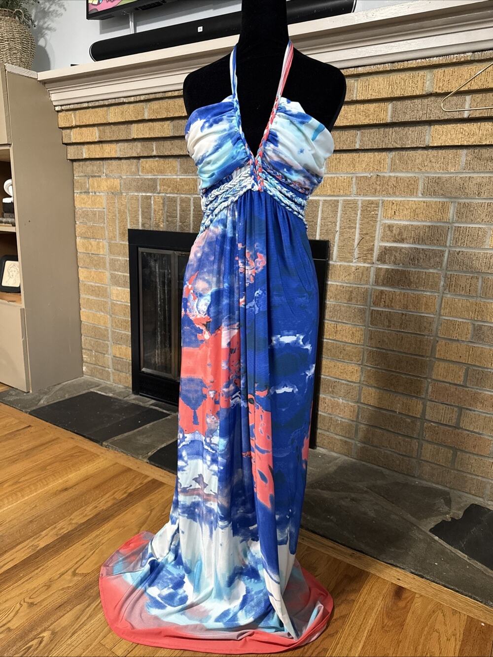 Y2K Cynthia Rowley Dress Womens Sz Large Halter Tropical Maxi Tank 2000 Resort